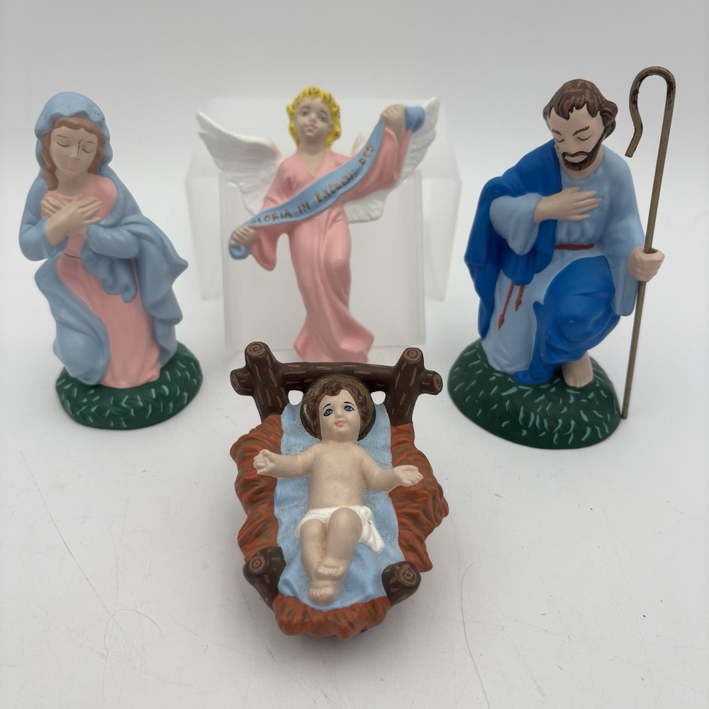 Vintage Atlantic Mold Nativity Set Ceramic Mary‎ Joseph Jesus Angel Signed 80s
